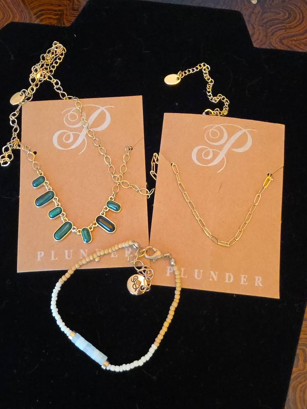 Plunder Gold Link Necklace & Teal Accent Necklace Set & Bracelet non tarnishing